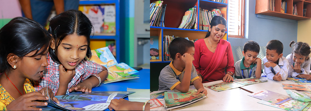 left - Room to Read Literacy Program students reading in India, right - Room to Read Literacy Program students reading with educator in Nepal